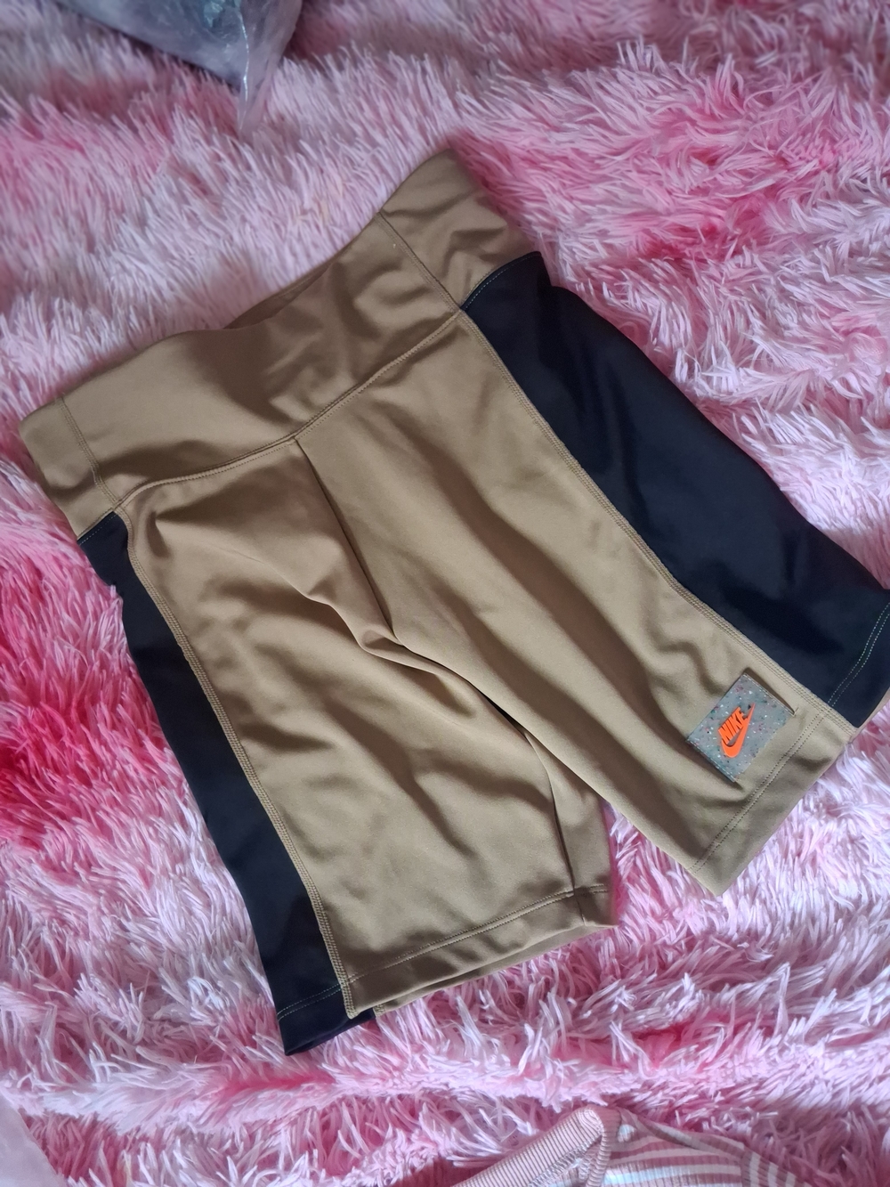 Nike Women’s Tan and Black Bike Shorts with Orange Logo